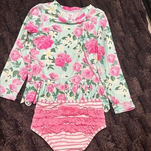 Ruffle Butts Pink Floral Kids Swim Rashguard